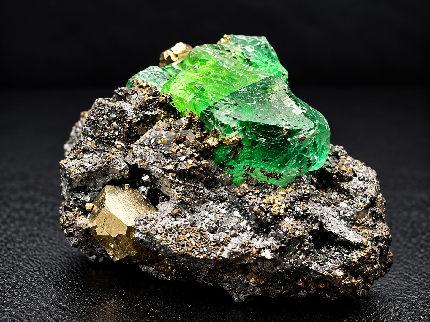 green fluorite with prominent golden pyrite crystals, metallic galena, and densely textured crystalline matrix from Atacocha Mine, Peru.