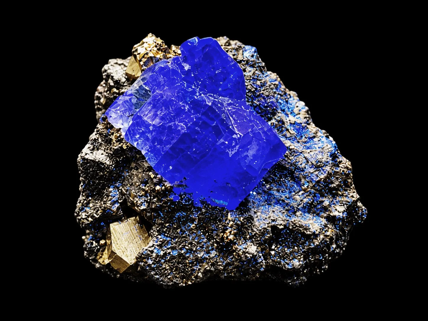 blue-fluorescent fluorite crystals under UV light, surrounded by golden pyrite and metallic galena on a Peruvian mineral specimen.