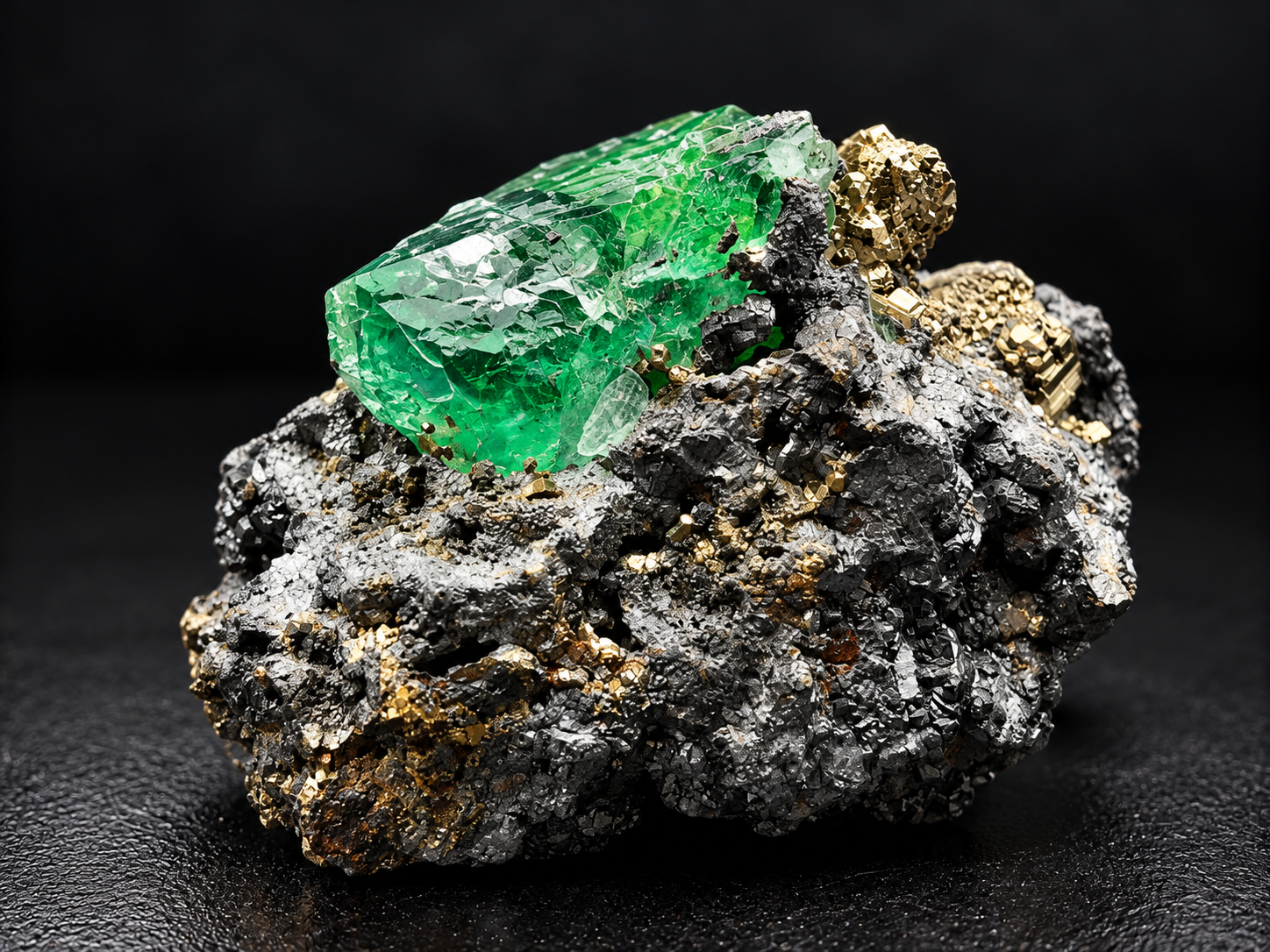 green fluorite on metallic silver-gray galena, showing golden pyrite crystals and intricate crystalline textures from Atacocha Mine, Peru.