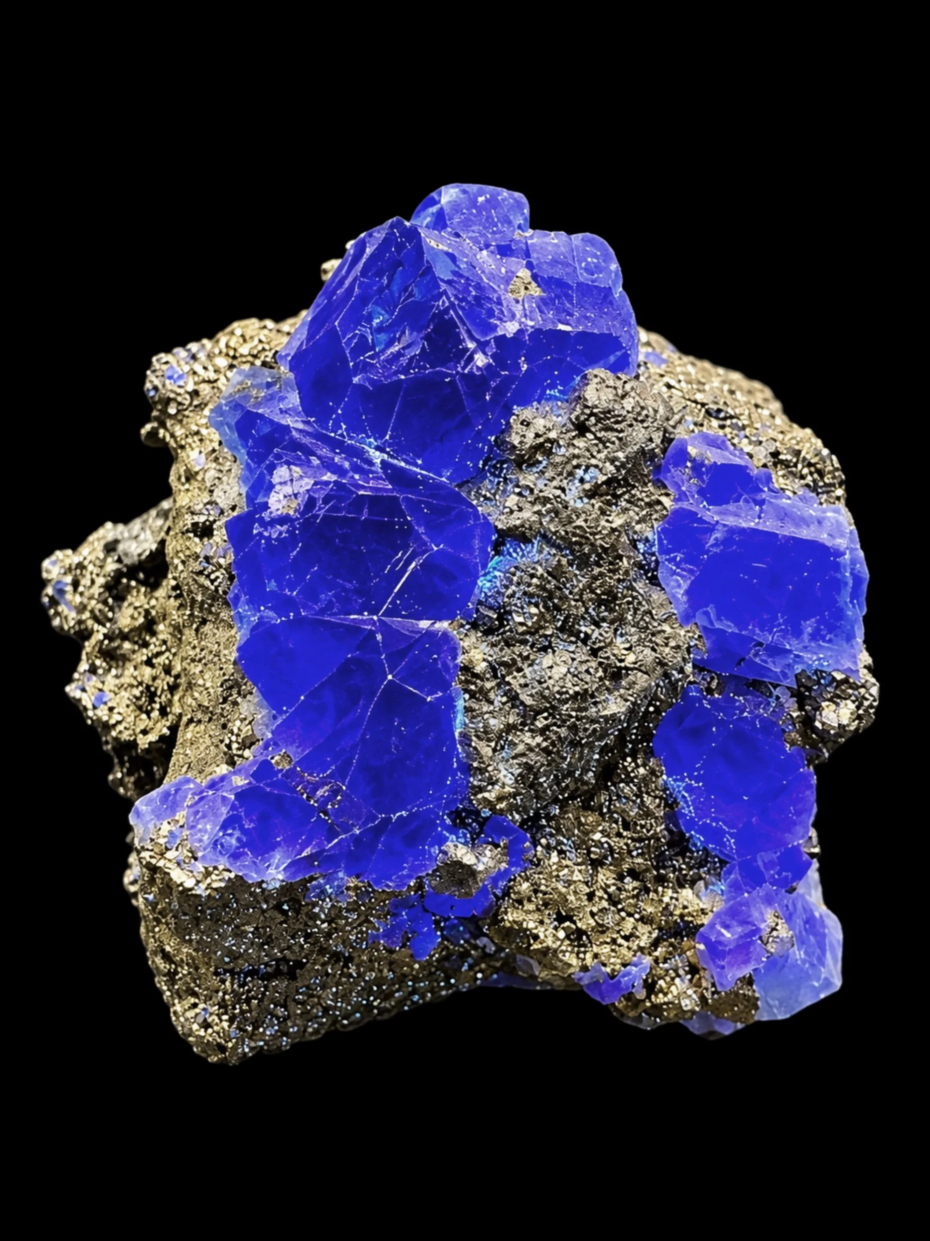 Green fluorite displaying brilliant violet-blue fluorescence under ultraviolet light, with multiple glowing crystal clusters on a golden pyrite and galena matrix