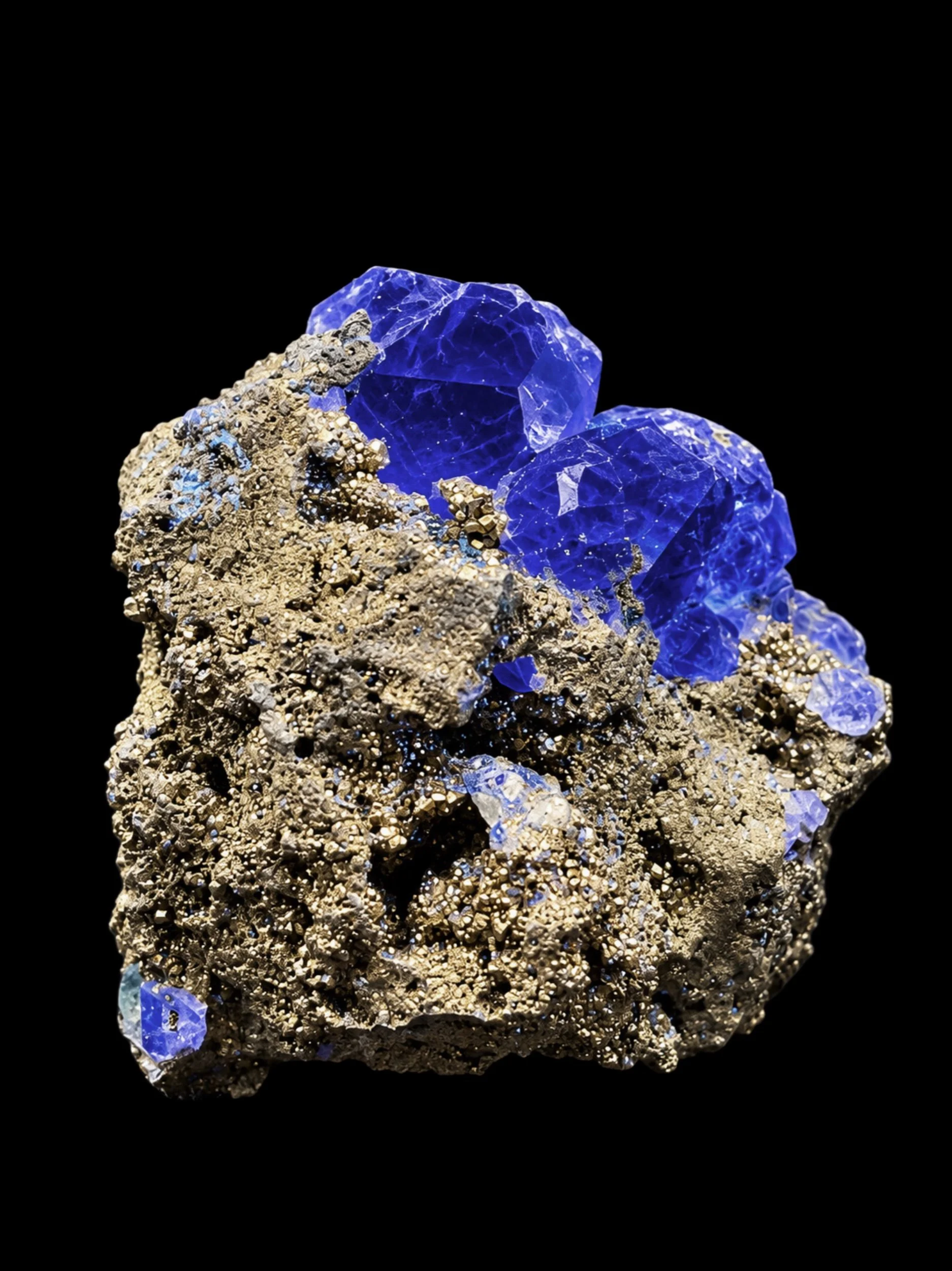 intensely blue-fluorescent fluorite crystals under UV illumination, contrasting against textured golden pyrite and metallic galena from Peru.