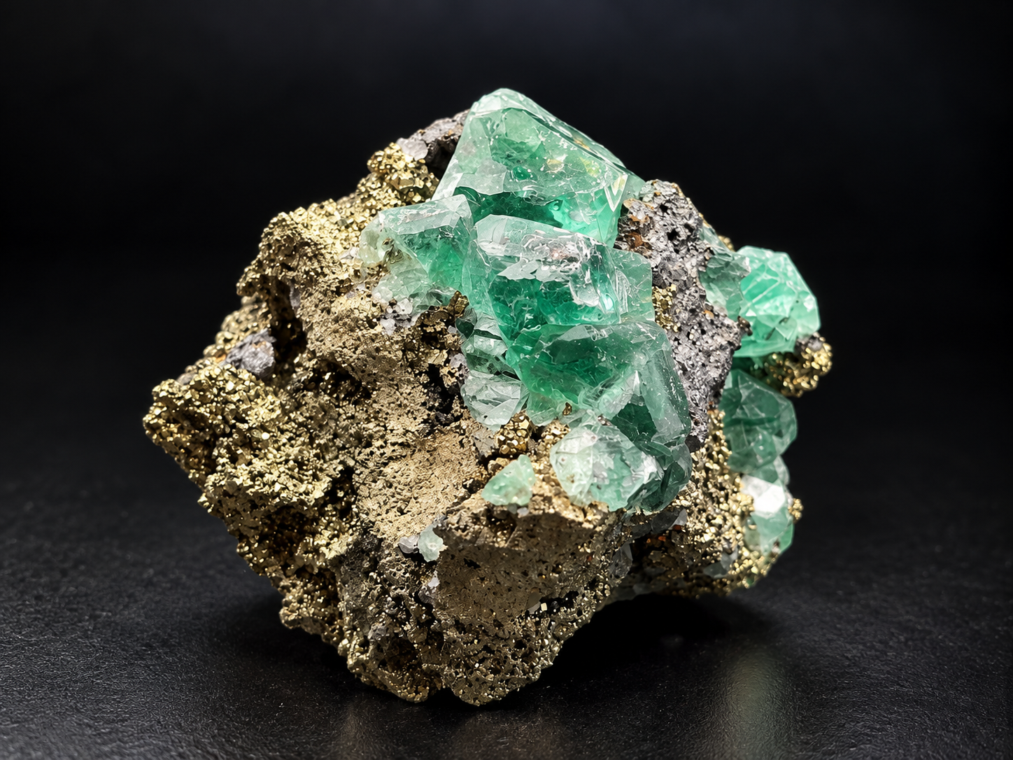 Translucent sea-green fluorite crystal clusters on golden pyrite with silver-gray galena from Atacocha Mine, Peru, showing contrasting natural mineral textures.