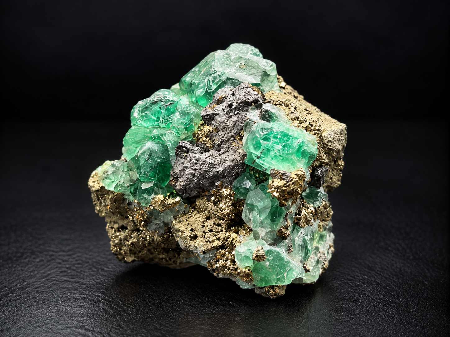 green fluorite rising behind a heavily crystallized golden pyrite matrix with metallic galena from Atacocha Mine, Cerro de Pasco, Peru.