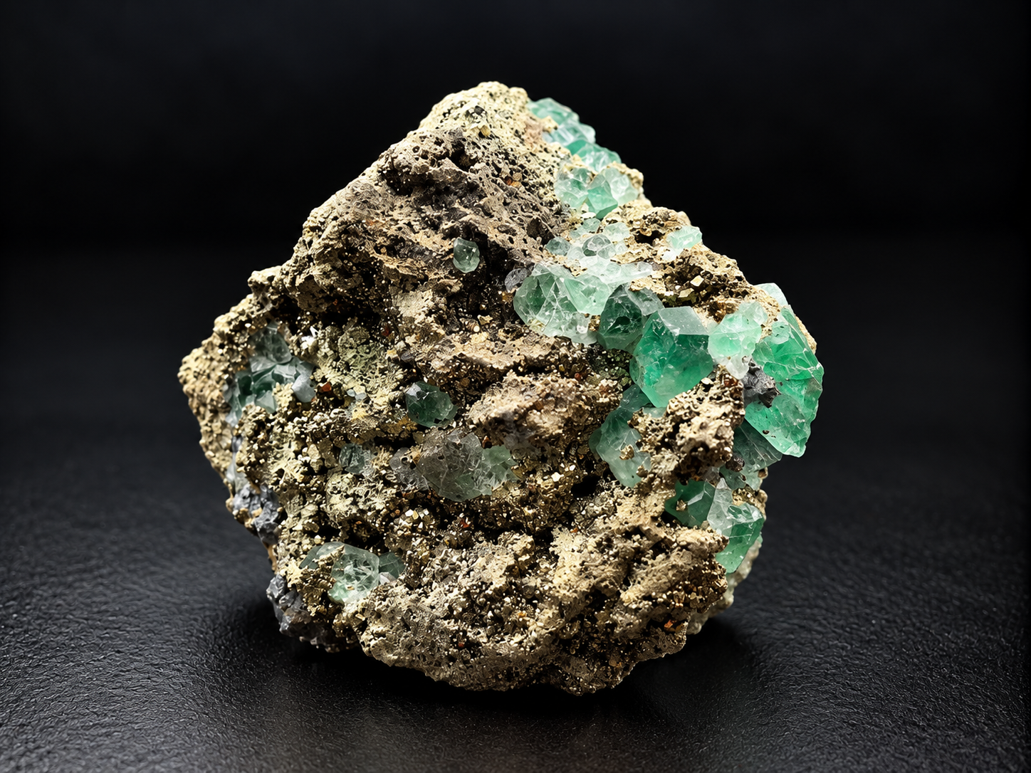 fluorite on pyrite with galena from Peru, showing smaller pale-green crystals distributed across a rugged, golden metallic matrix.
