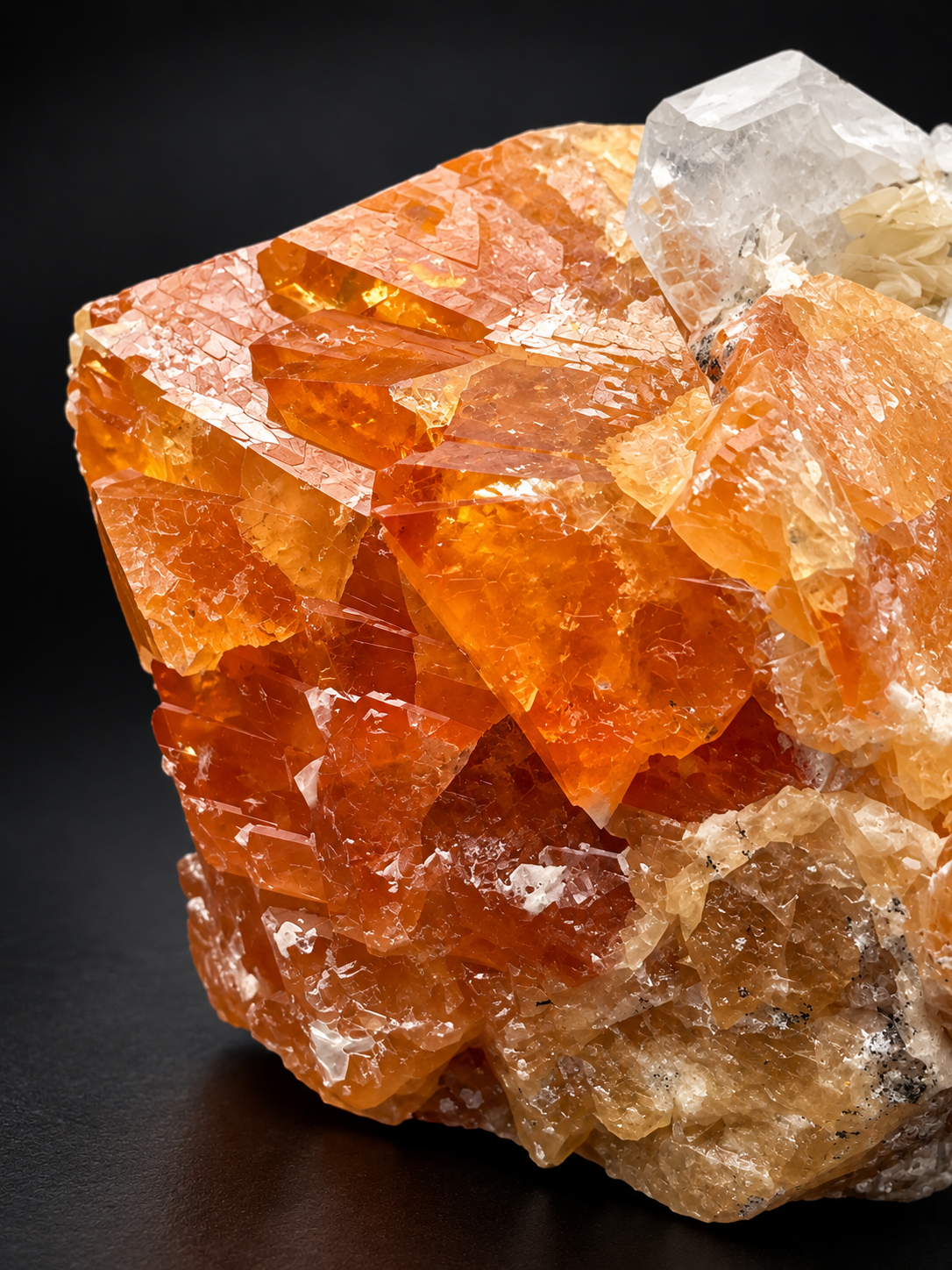 transparent amber-orange scheelite with sharply defined crystal faces, internal growth features, and adjoining clear calcite and pale muscovite.