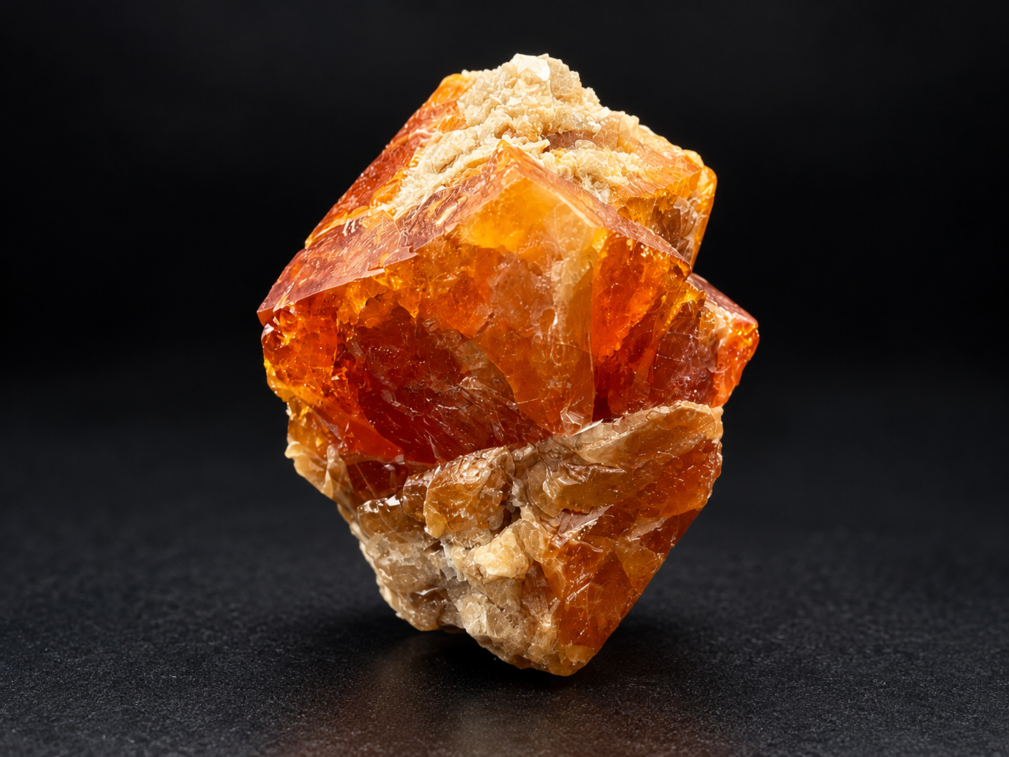 amber-orange scheelite with cream muscovite from Mt. Xuebaoding, China, showing intergrown angular crystals and a richly textured natural formation.