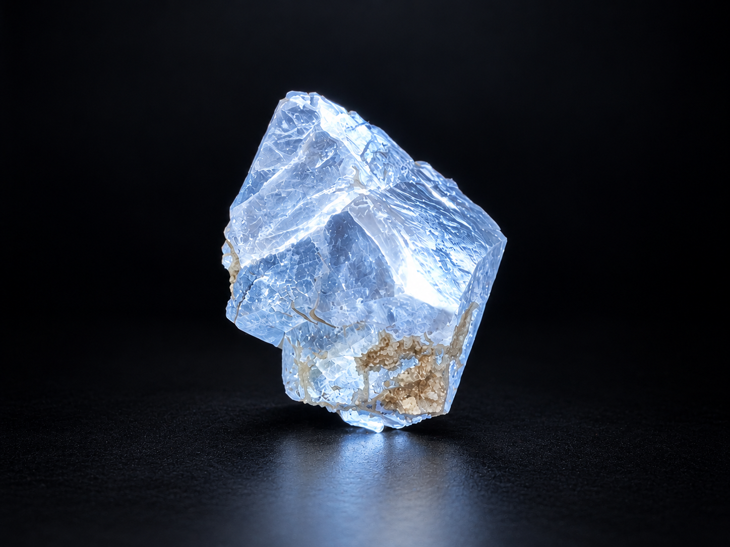 Natural scheelite from Mt. Xuebaoding, China, glowing brilliant icy blue-white under ultraviolet light, with angular crystal faces and muscovite at the base