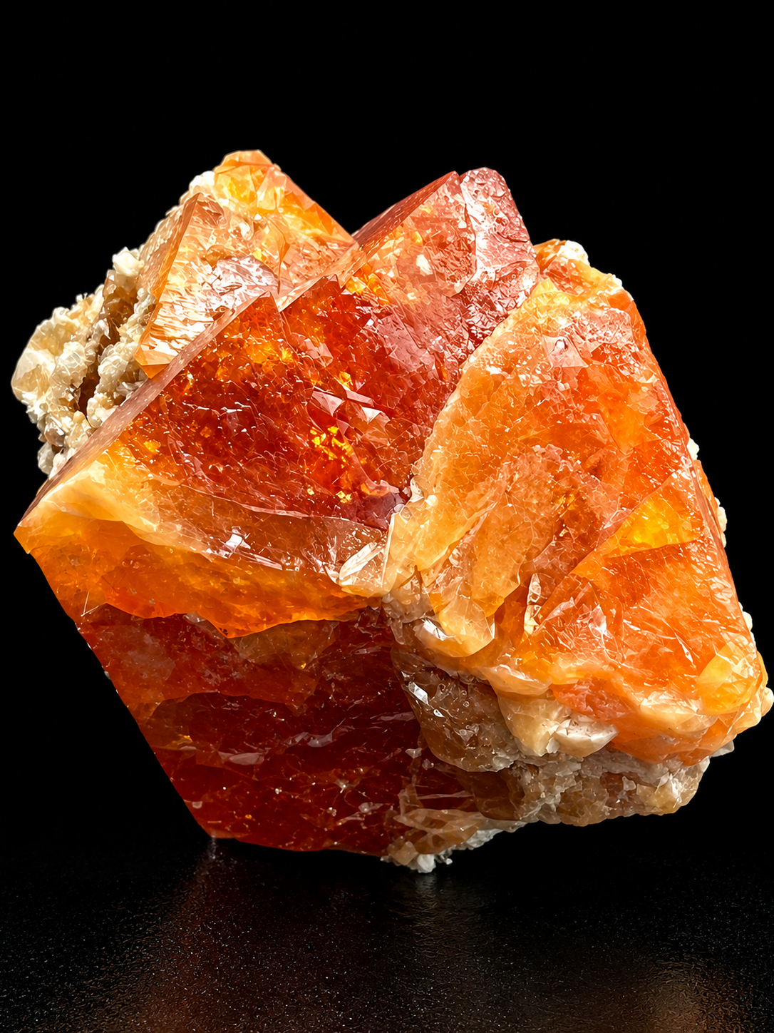Large amber-orange scheelite crystals displaying sharply angled faces and rich translucency, with cream muscovite along the upper edge, from Mt. Xuebaoding.