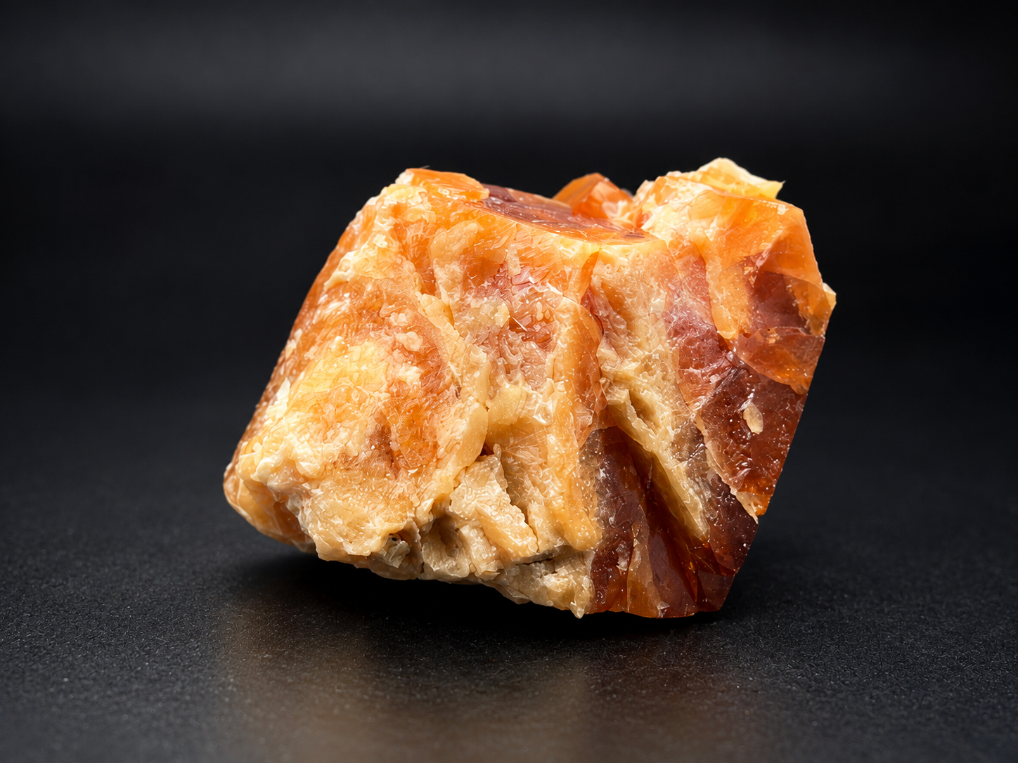 deep orange intergrown scheelite crystals with translucent faces and pale muscovite, photographed on a display stand against a dark background.