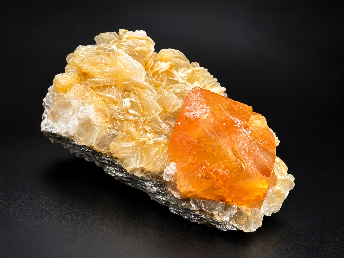 orange scheelite showing its broad triangular crystal faces beside finely layered, champagne-colored muscovite from Sichuan Province, China.