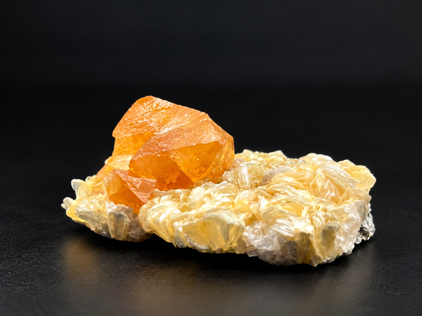 translucent tangerine-orange scheelite with a sharply pointed geometric crystal face, surrounded by golden muscovite blades from Pingwu, Sichuan, China.  Image 3 – IMG_6575.png | Side Profile