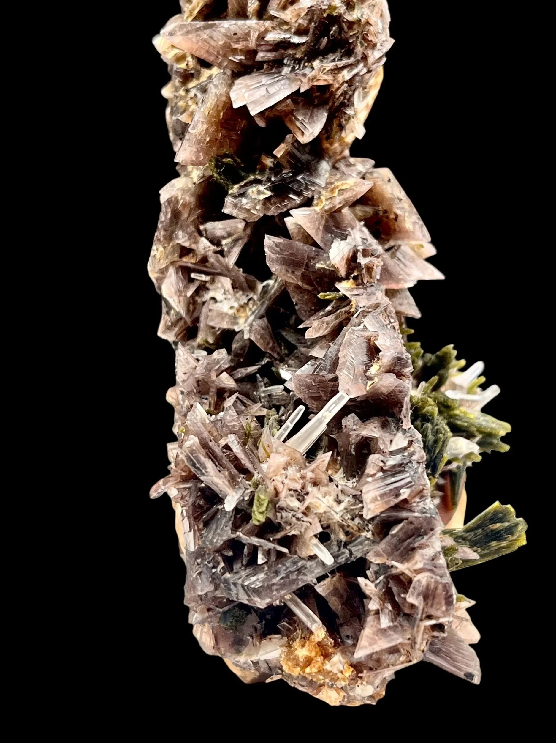 close up axinite crystal cluster with quartz and andradite garnet Peru