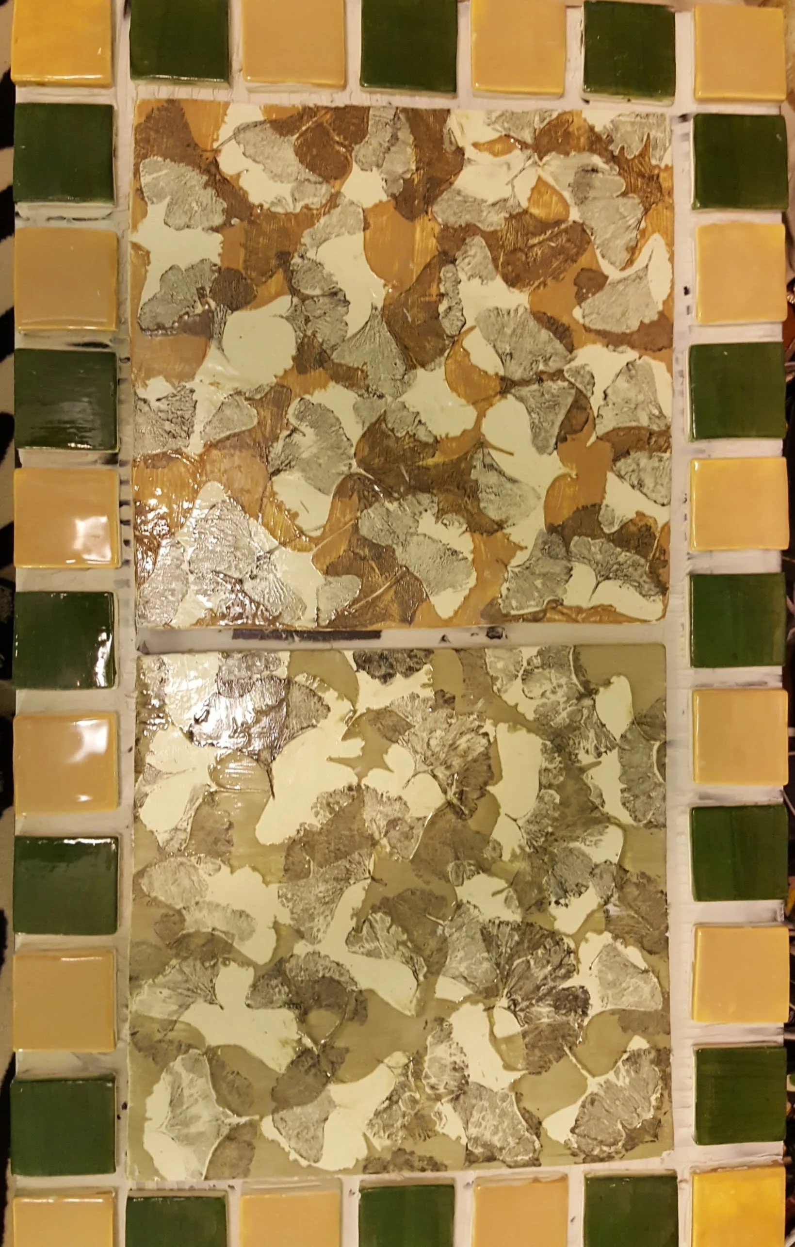 "Gingko Table" 2018
32 2"x2" tiles and 2 18"x18" tiles
Glaze, ceramic slip, premade table, grout