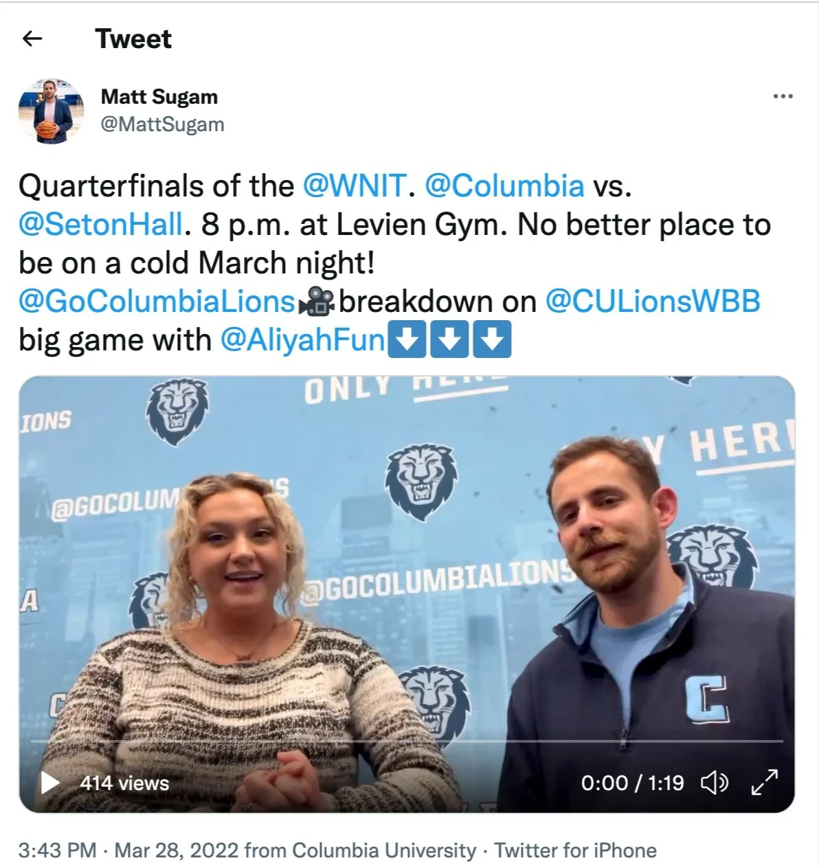 Video preview of a Columbia women's basketball game.