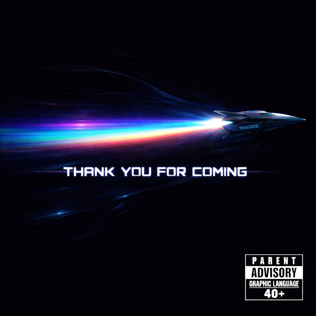 A spaceship flying at high speed through space, leaving a colorful trail of light behind it. The text on the image reads "Thank you for coming" and there is a parental advisory label for graphic language.