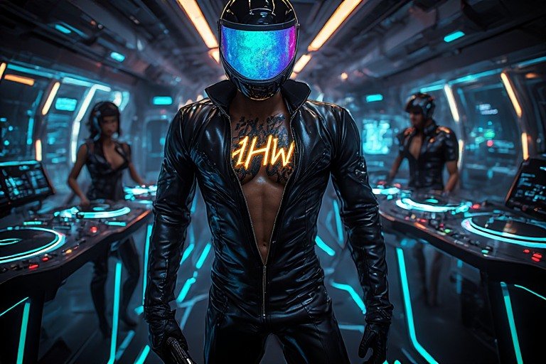 A futuristic scene in a nightclub with a person wearing a helmet with a reflective visor, a leather jacket, and digital neon lights, surrounded by DJ equipment and other DJs in a high-tech setting.