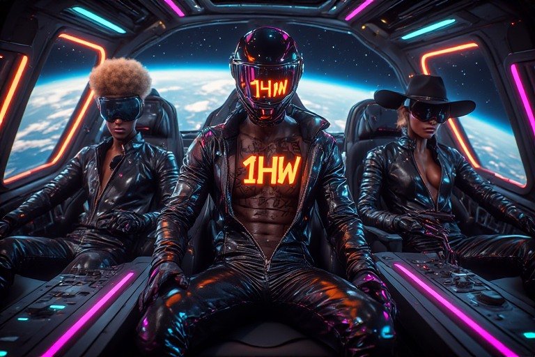 Three individuals in futuristic space helmets and leather outfits sitting inside a spacecraft, with Earth visible through the windows and neon lighting surrounding them.