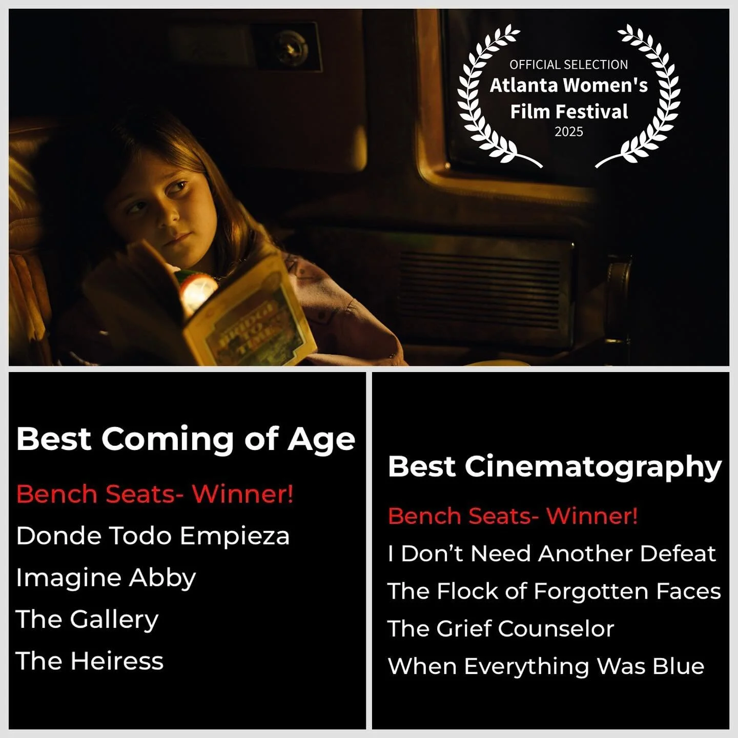 And while I was in LA, Bench Seats won some awards in Atlanta! 🏆Thank you @atlantawomensfilmfest for awarding Bench Seats Best Coming Of Age film and Best Cinematography (yay @gipsova!)

#shortfilm #film #filmmaker #femalefilmmaker #writerdirector #