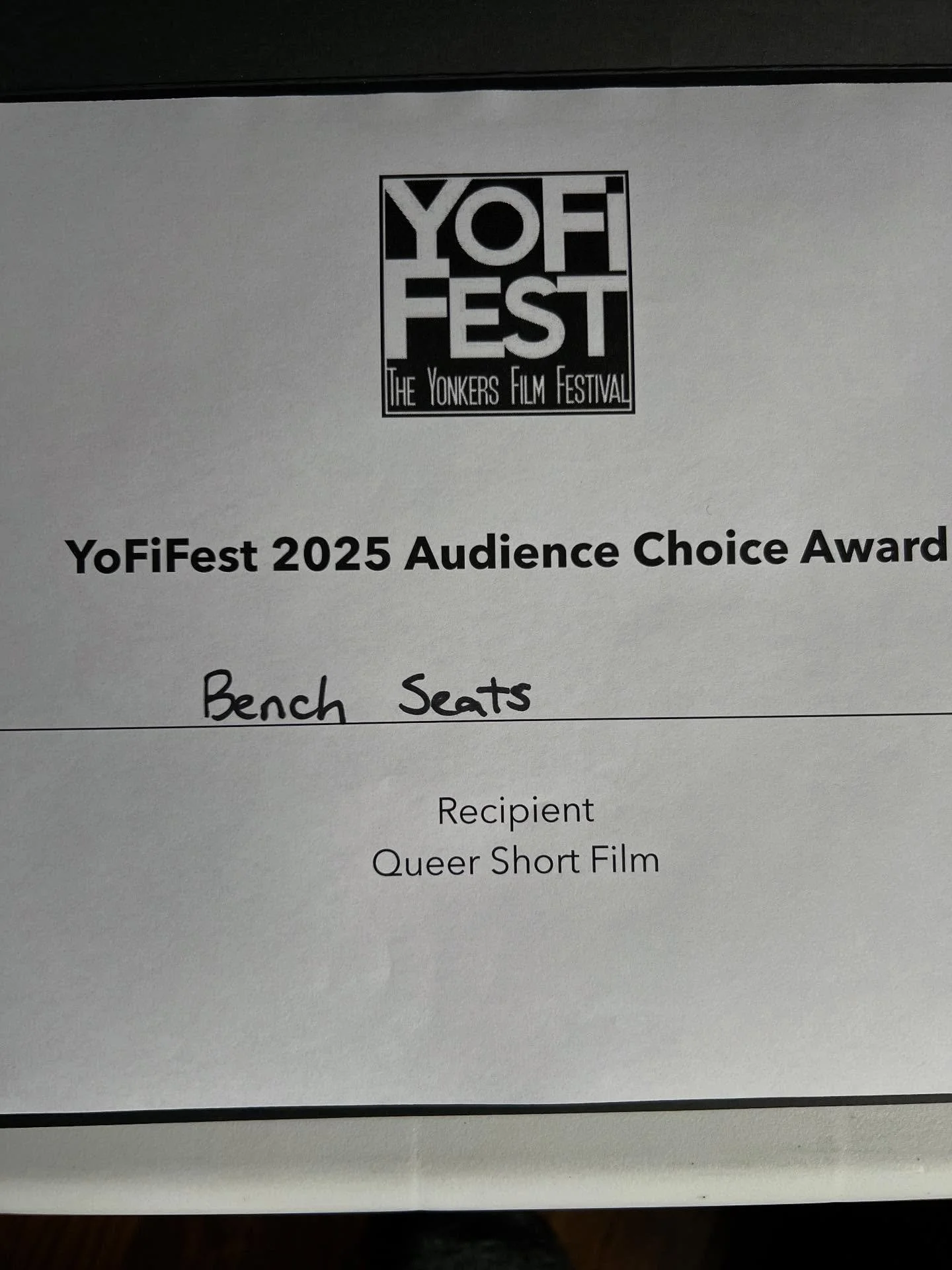 Bench Seats won the audience award at @yofifest!  Thanks to @patty_schu and @davesteck for organizing a wonderful festival that really put the emphasis on building creative community. 
And a big thank you to everyone who came out and supported the fi