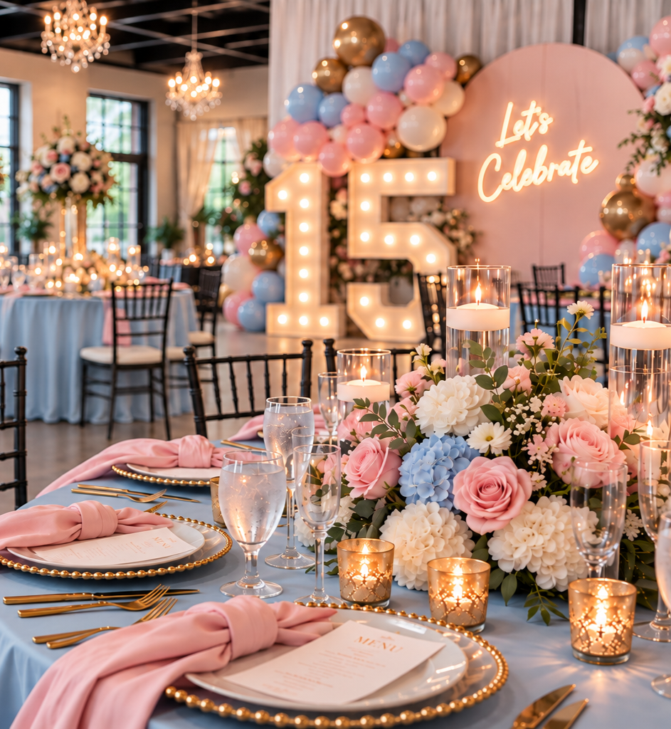 A decorated banquet hall celebrating a 15th birthday with floral arrangements, candles, balloons, and a large illuminated number 15 with a backdrop that says "Let's Celebrate."