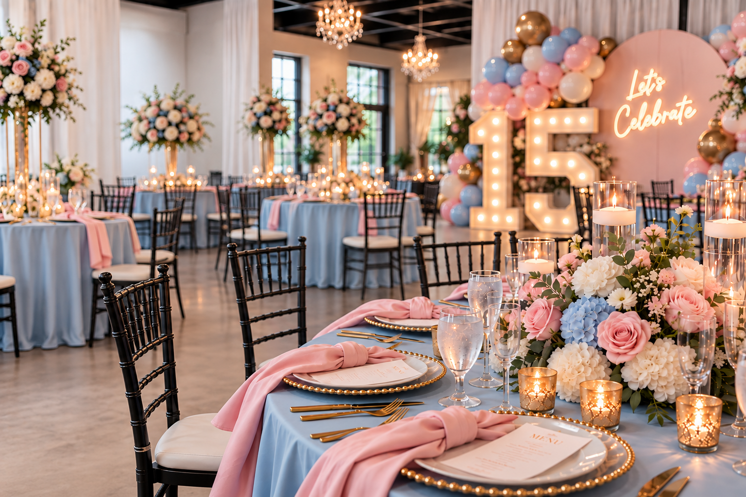 Elegant event setup with round tables draped in light blue tablecloths, pink napkins, and gold cutlery. Each table has a floral arrangement with pink, white, and blue flowers, and candles in glass holders. In the background, a decorated giant '15' with balloons and a sign that says 'Let's Celebrate' is visible.