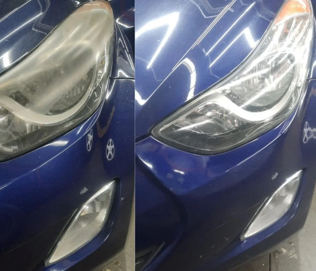 Headlight on a Mitsubishi upclose.