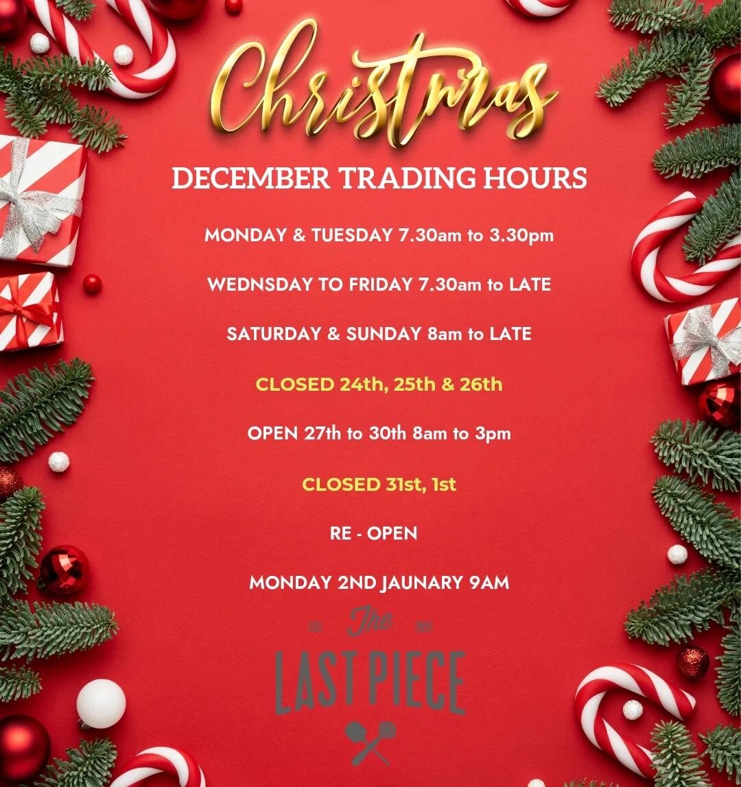 Ho ho ho...

Christmas trading hours!

We know how busy Deember can be so we have extended our hours to give you more time to catch up with loved ones!

Now open from 7.30am

Be safe, be merry, be kind, break bread and coffee and wine with loved ones