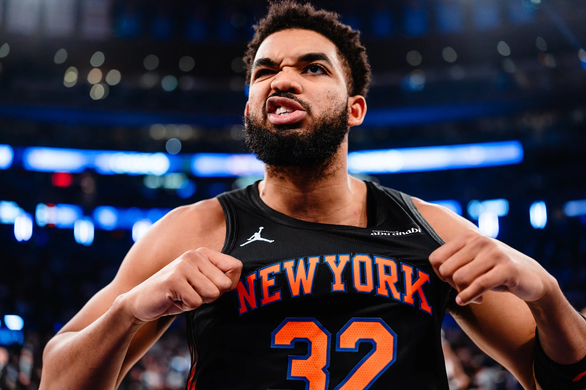 Karl-Anthony Towns of New York Knicks pulls jersey.