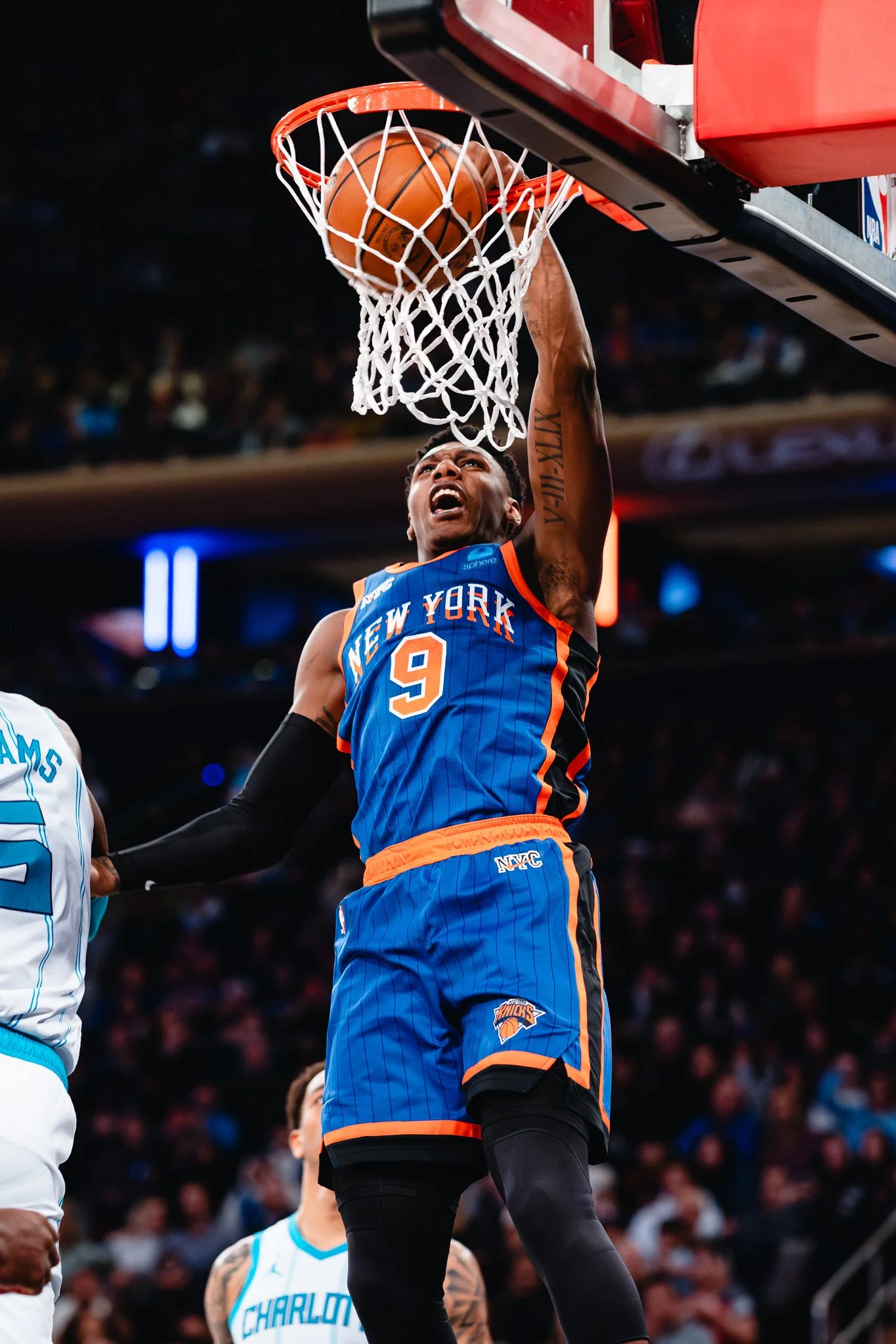 RJ Barrett of New York Knicks dunks ball.