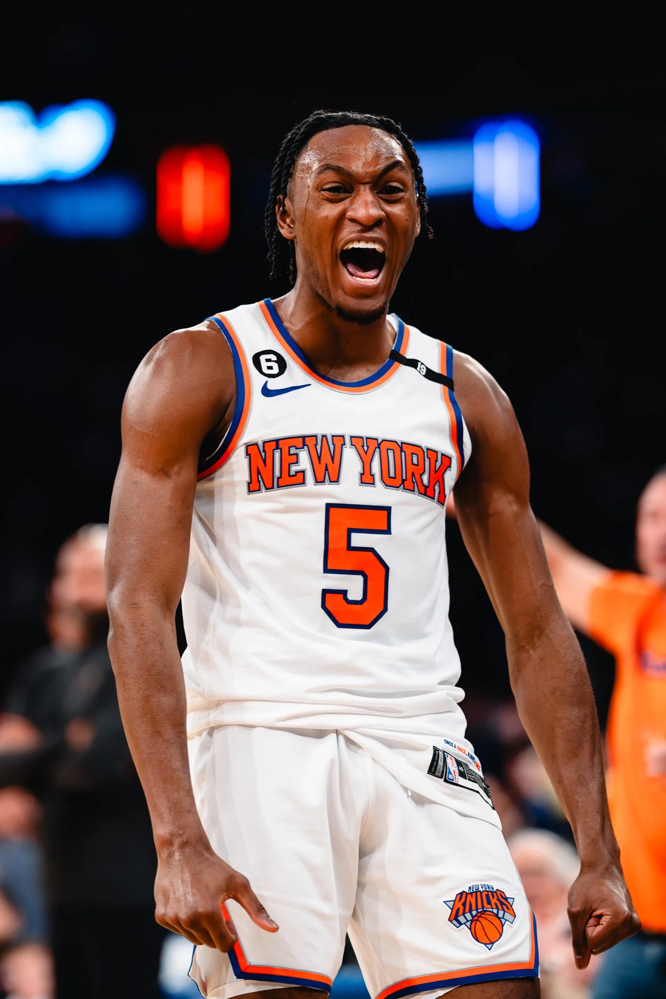 Immanuel Quickley of New York Knicks celebrates.