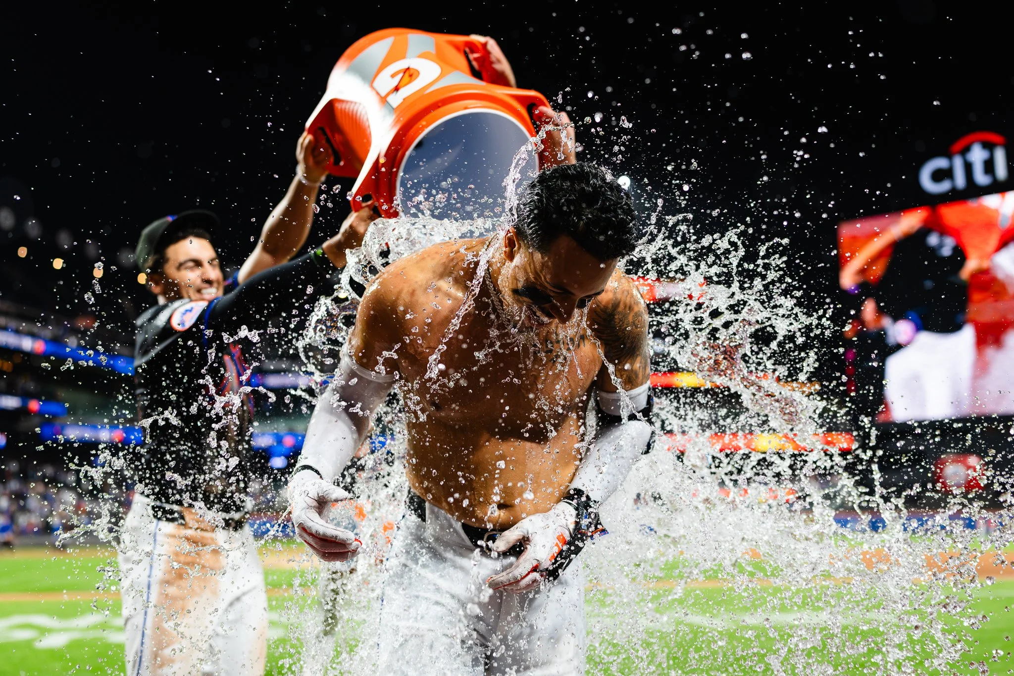 Mark Vientos of New York Mets receives Gatorade bath.