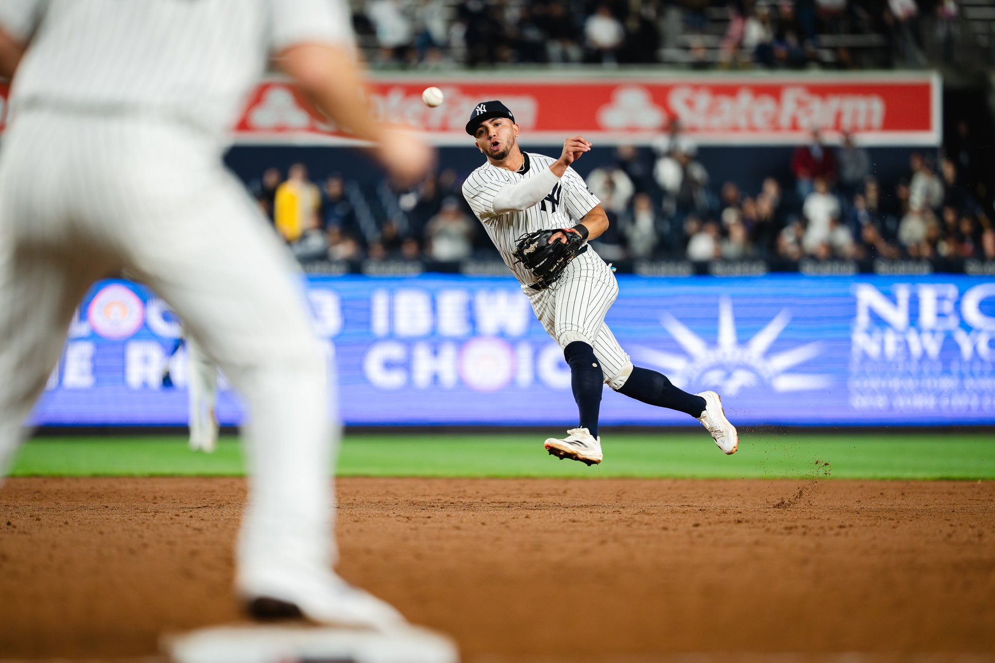 Oswald Peraza of New York Yankees throws ball.