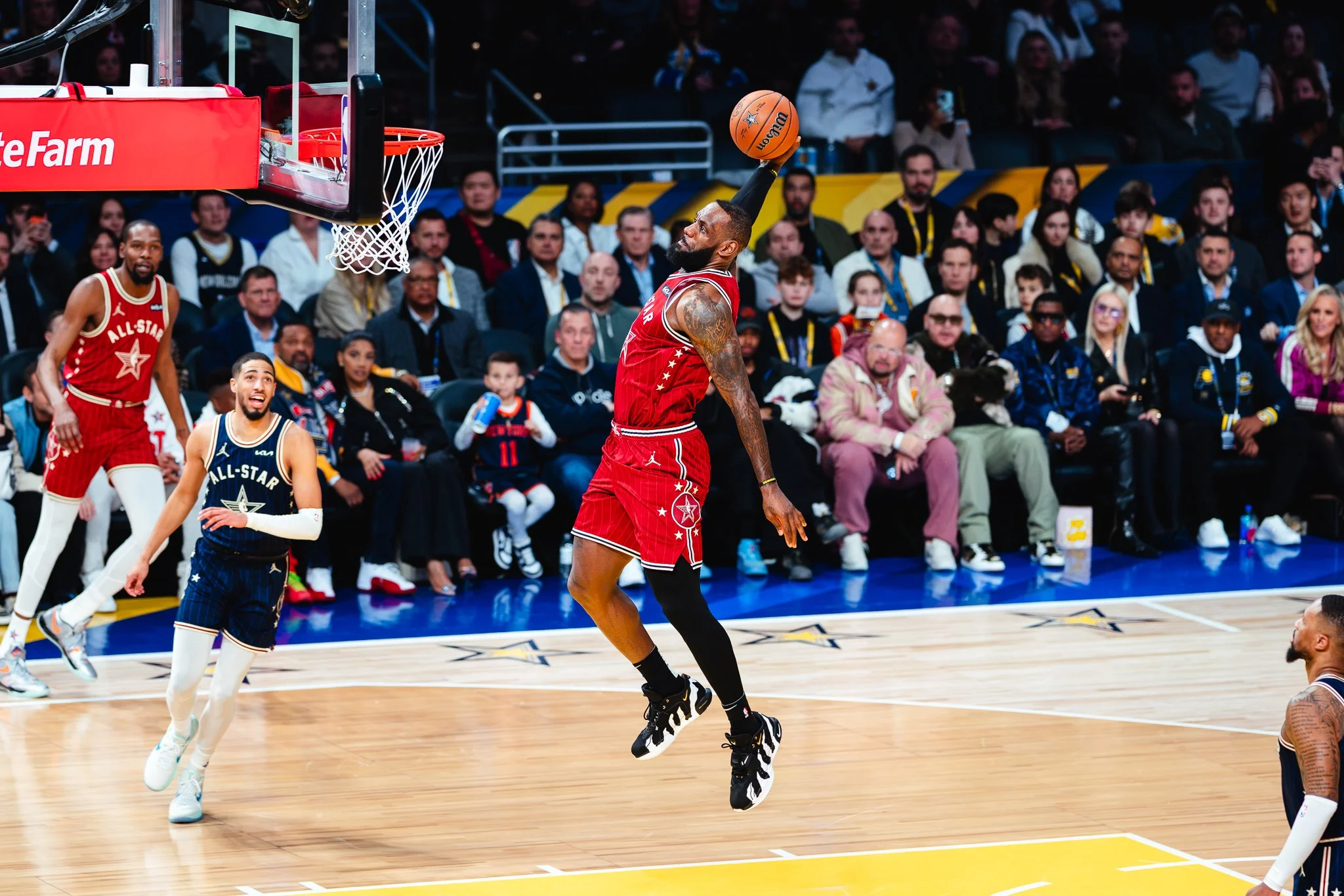 LeBron James of Los Angeles Lakers dunks ball during 2024 NBA All-Star Game.