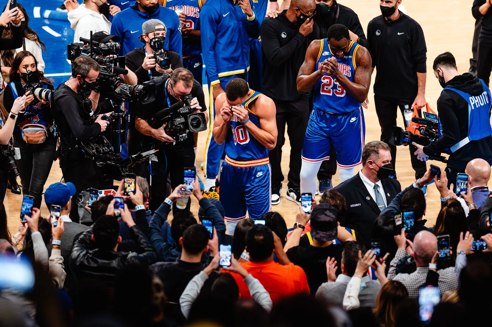Stephen Curry of Golden State Warriors reacts after setting record for most career three-pointers made.