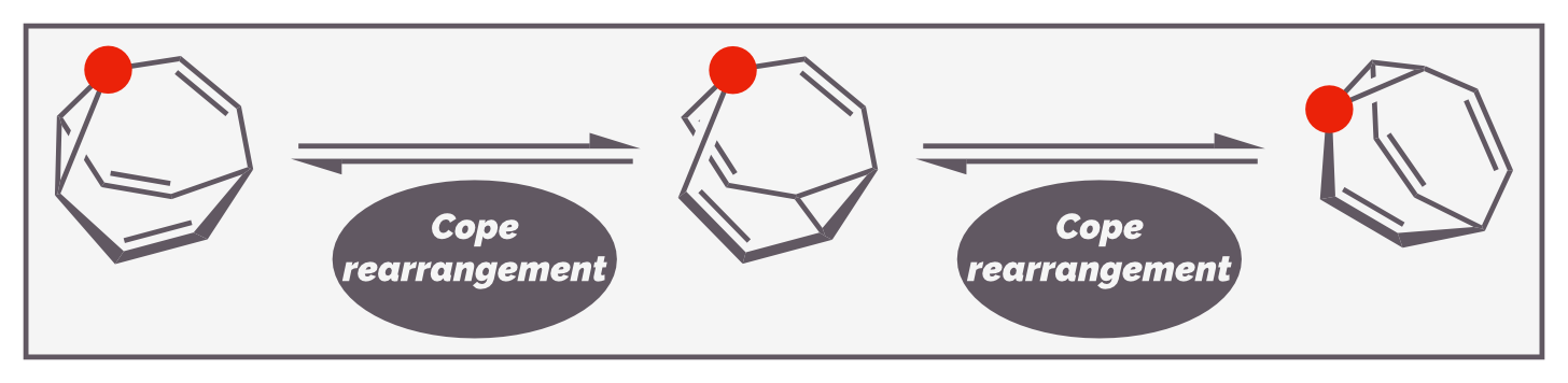 Three isomers (or possibly tautomers) of bullvalene, a molecule that is considered fluxional as it constantly changes structure through a series of Cope rearrangements.