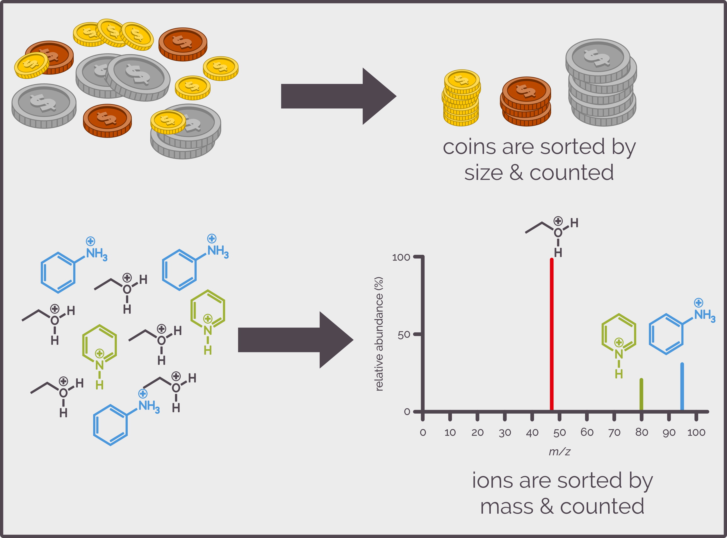 Coins can be sorted by size and/or denomination. You can then count how many of each you have and determine how much cash you have. Mass spectrometry is the same, it sorts and counts ions so that you can determine how much of each ion is present.