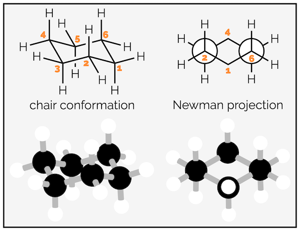 Cyclohexane, skeletal and Newman projections