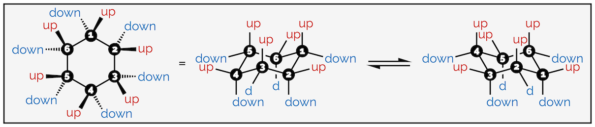 Comparing a skeletal drawing of cyclohexane with the two chair conformations