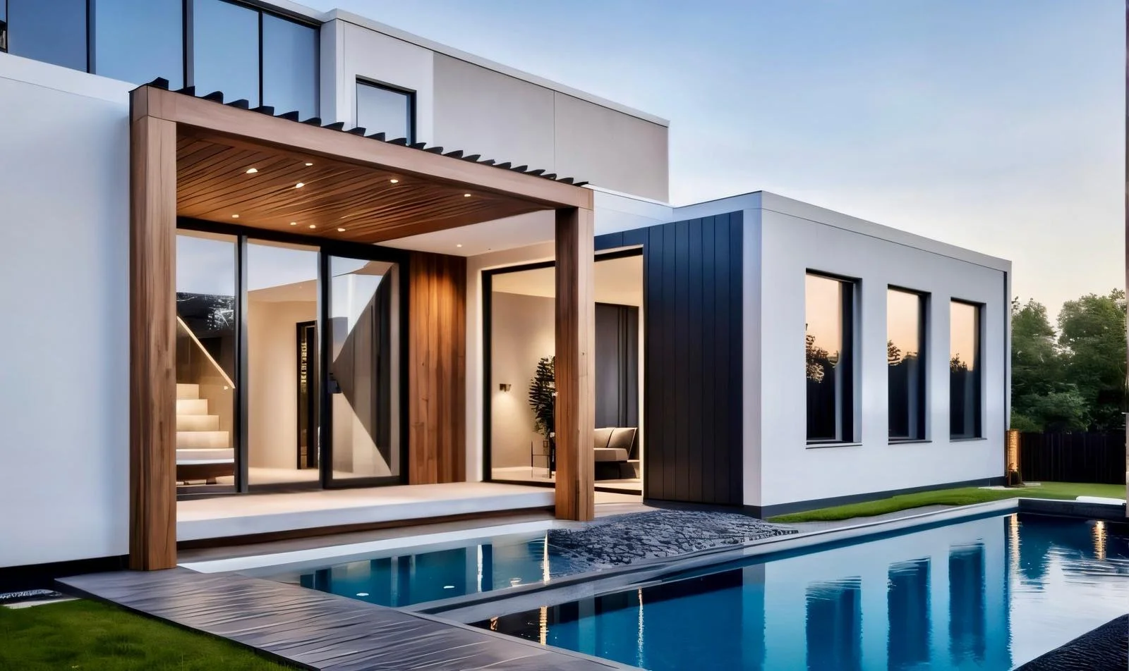 Modern house with a swimming pool, large windows, and a wooden porch during sunset.