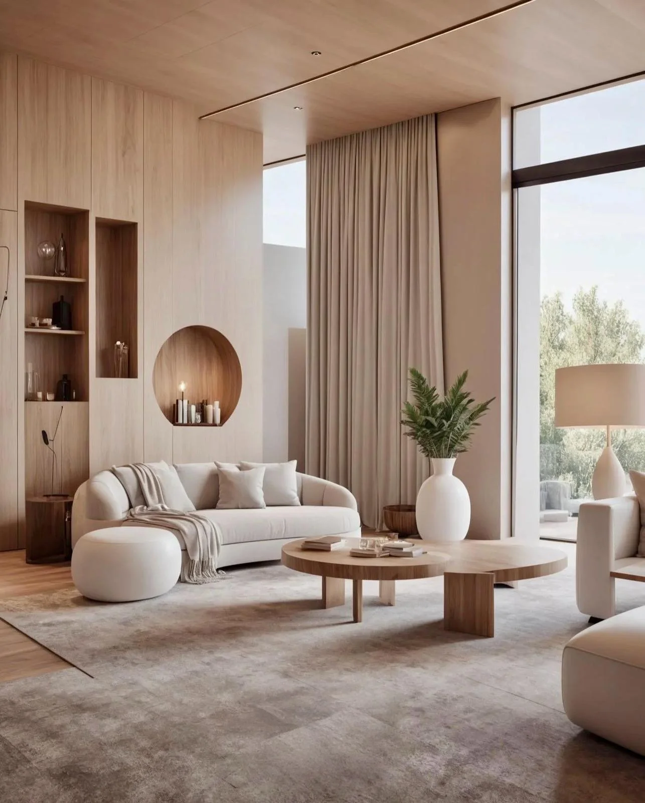 Modern living room with beige and white colors, featuring a white sofa, a round wooden coffee table, large windows with beige curtains, a potted plant, and a light-colored rug.