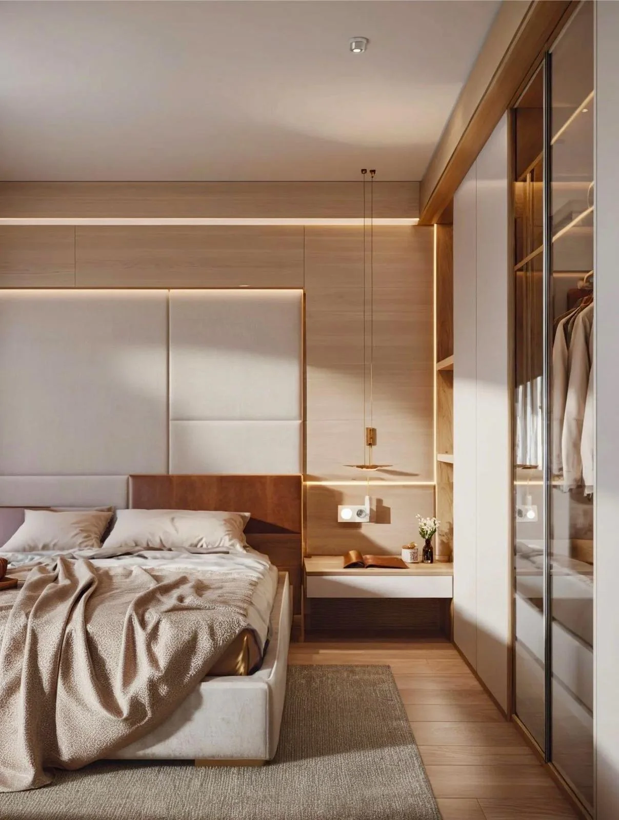 Modern bedroom with a bed, beige bedding, a wooden headboard, a nightstand with a book, flower vase, and lamp, and a closet with mirrored doors.