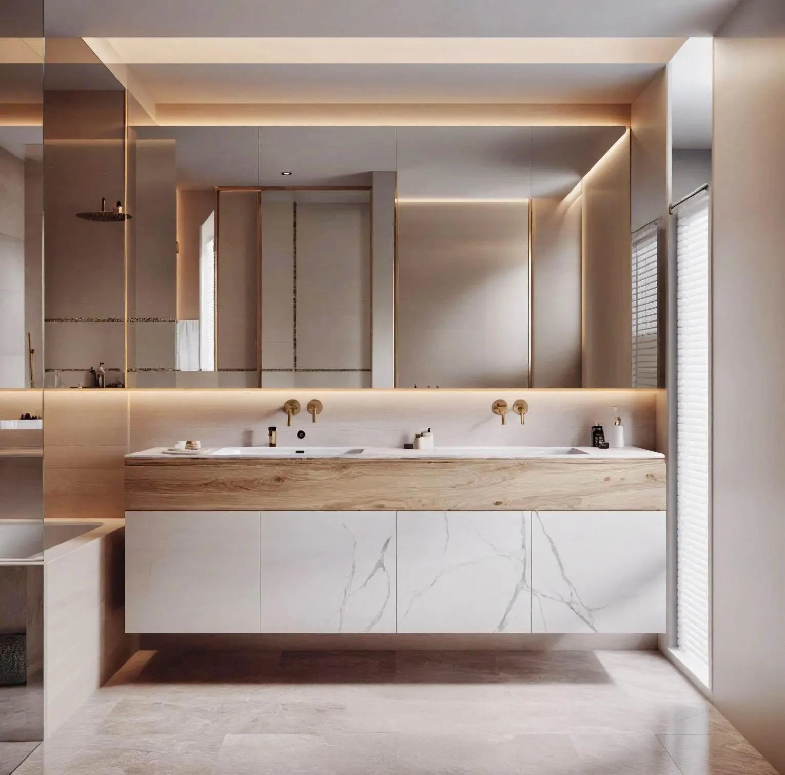 Modern bathroom with a double vanity, large mirror, and minimalist decor, featuring natural wood and marble finishes.