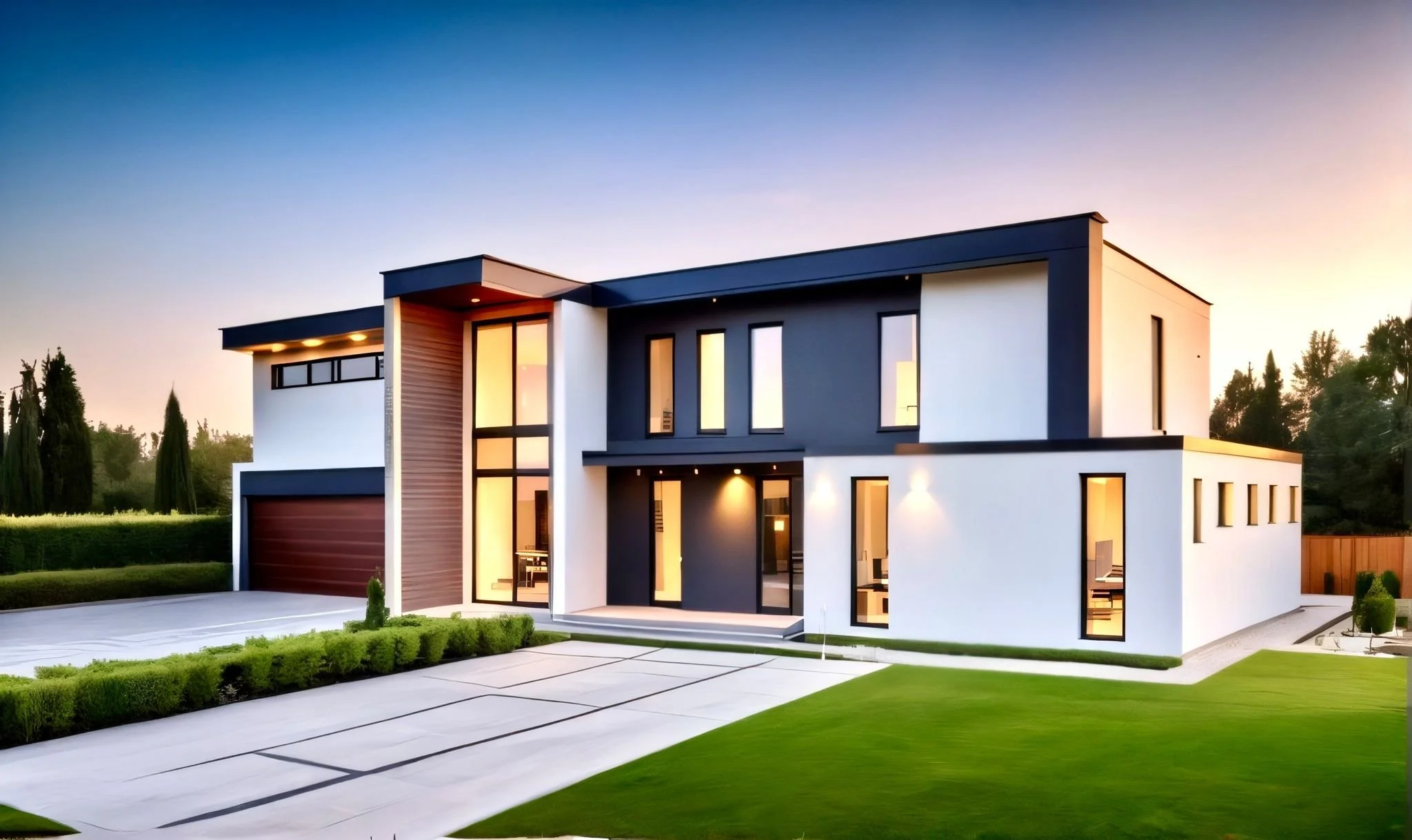 Modern two-story house with large windows, white and dark gray exterior, surrounded by a manicured lawn and shrubbery, during sunset.