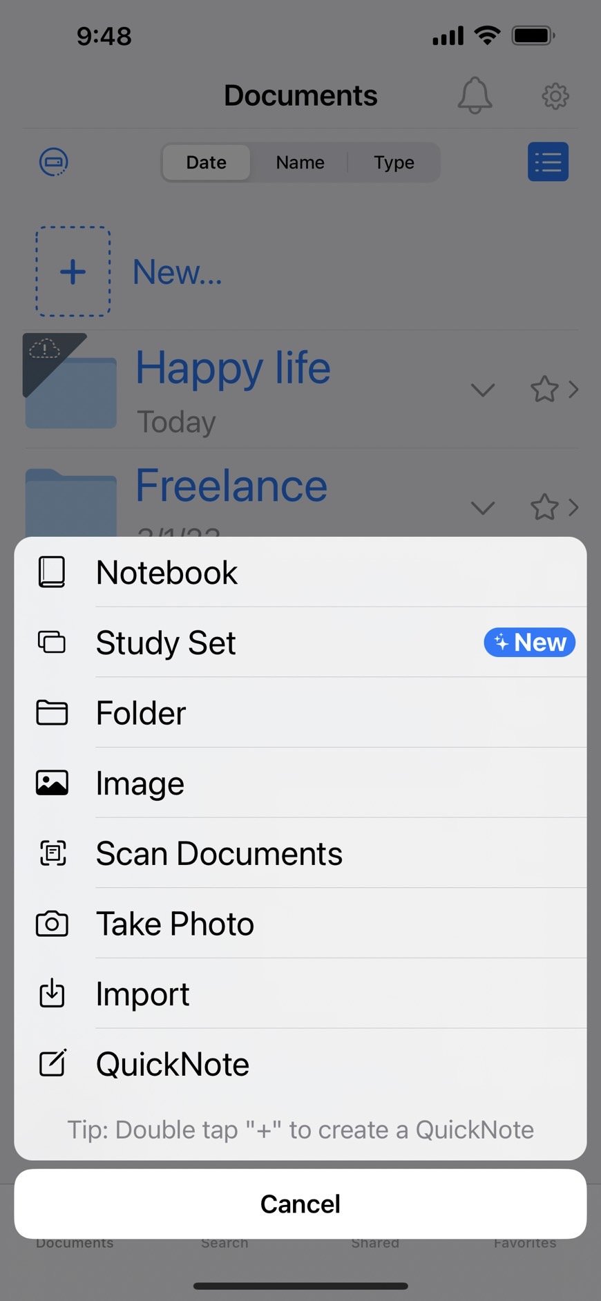 Tap 'Folder' to create one