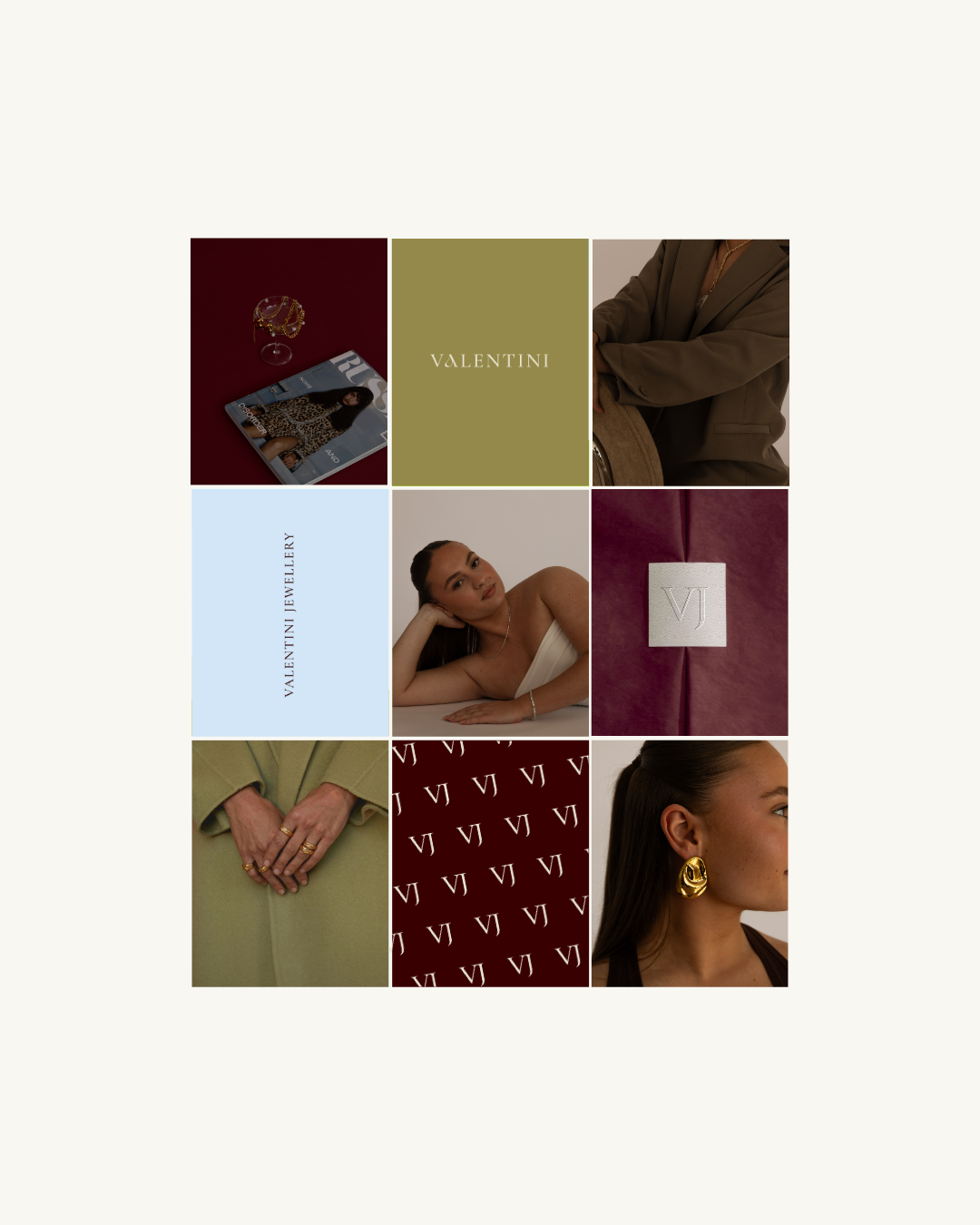 A collage of images featuring various jewelry items, including rings, earrings, and necklaces, with branding elements of Valentini Jewelry, including a magazine, logo, and patterned background.