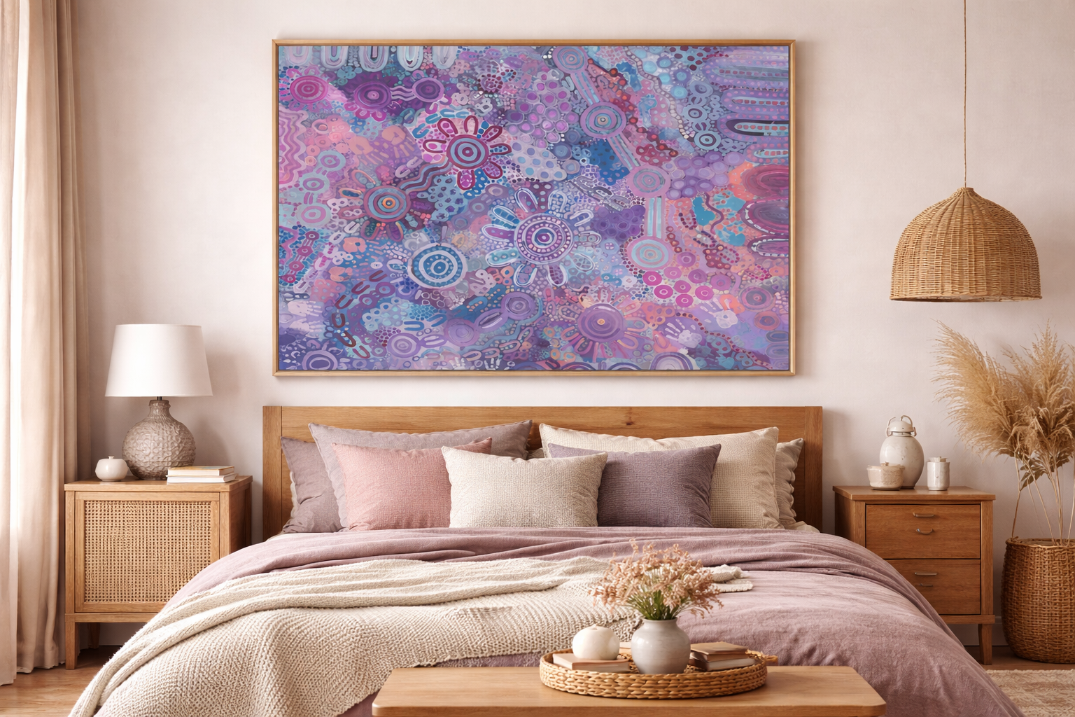 Serene bedroom with abstract art.png