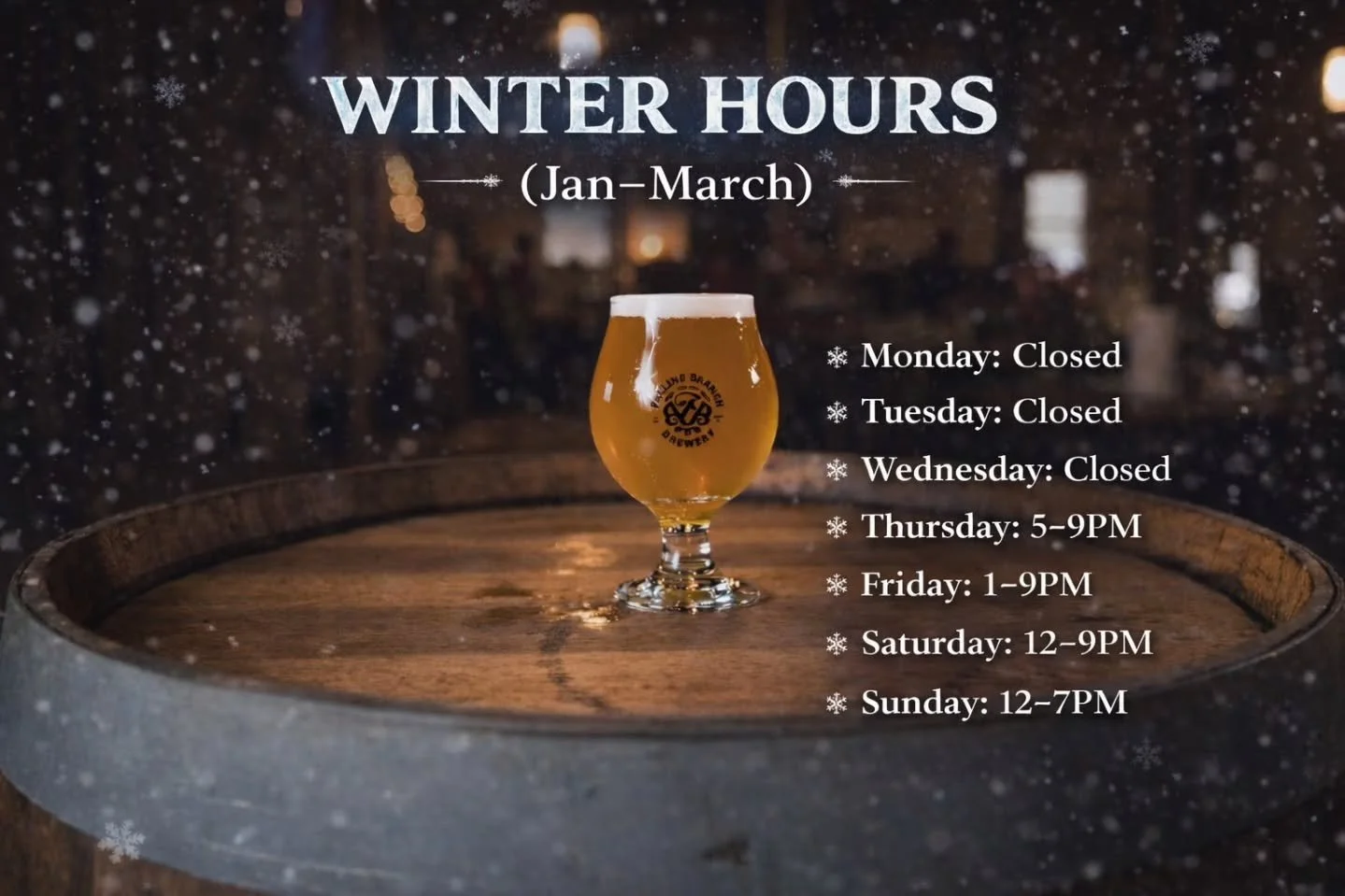 Winter hours start this week. Same schedule, just closed Wednesdays. Weekly events continue 🍻

WINTER HOURS (Jan&ndash;March)
&bull; Monday: Closed
&bull; Tuesday: Closed
&bull; Wednesday: Closed
&bull; Thursday: 5&ndash;9PM
&bull; Friday: 1&ndash;9