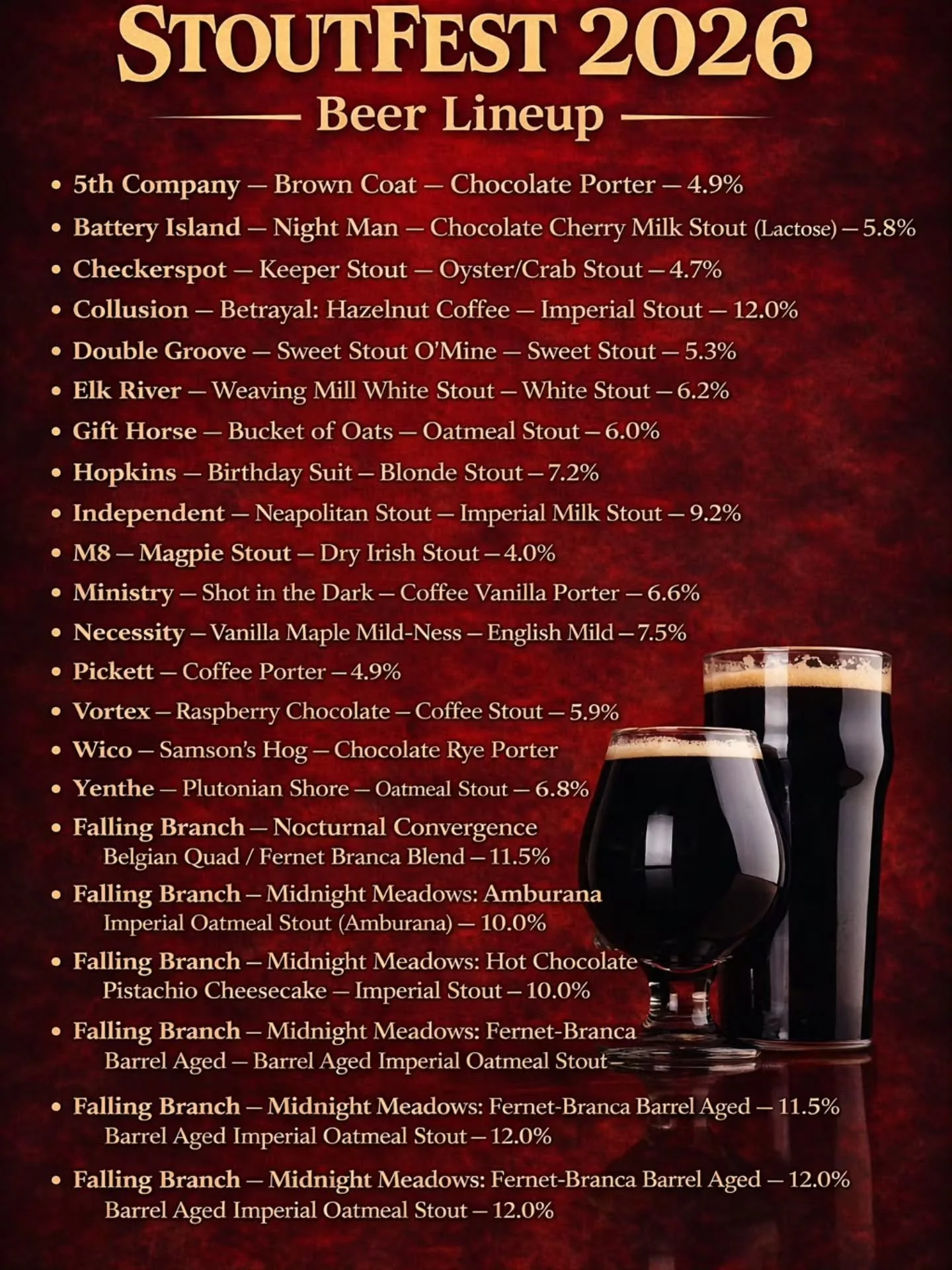 #StoutFest Beer Lineup 🍻 Tomorrow &amp; Sunday!

All these plus several of our non-stout brews, including at least: IPA, DIPA, Lager, Seltzer, Slushie, etc.

&bull; 5th Company &mdash; Brown Coat &mdash; Chocolate Porter &mdash; 4.9%
&bull; Battery 