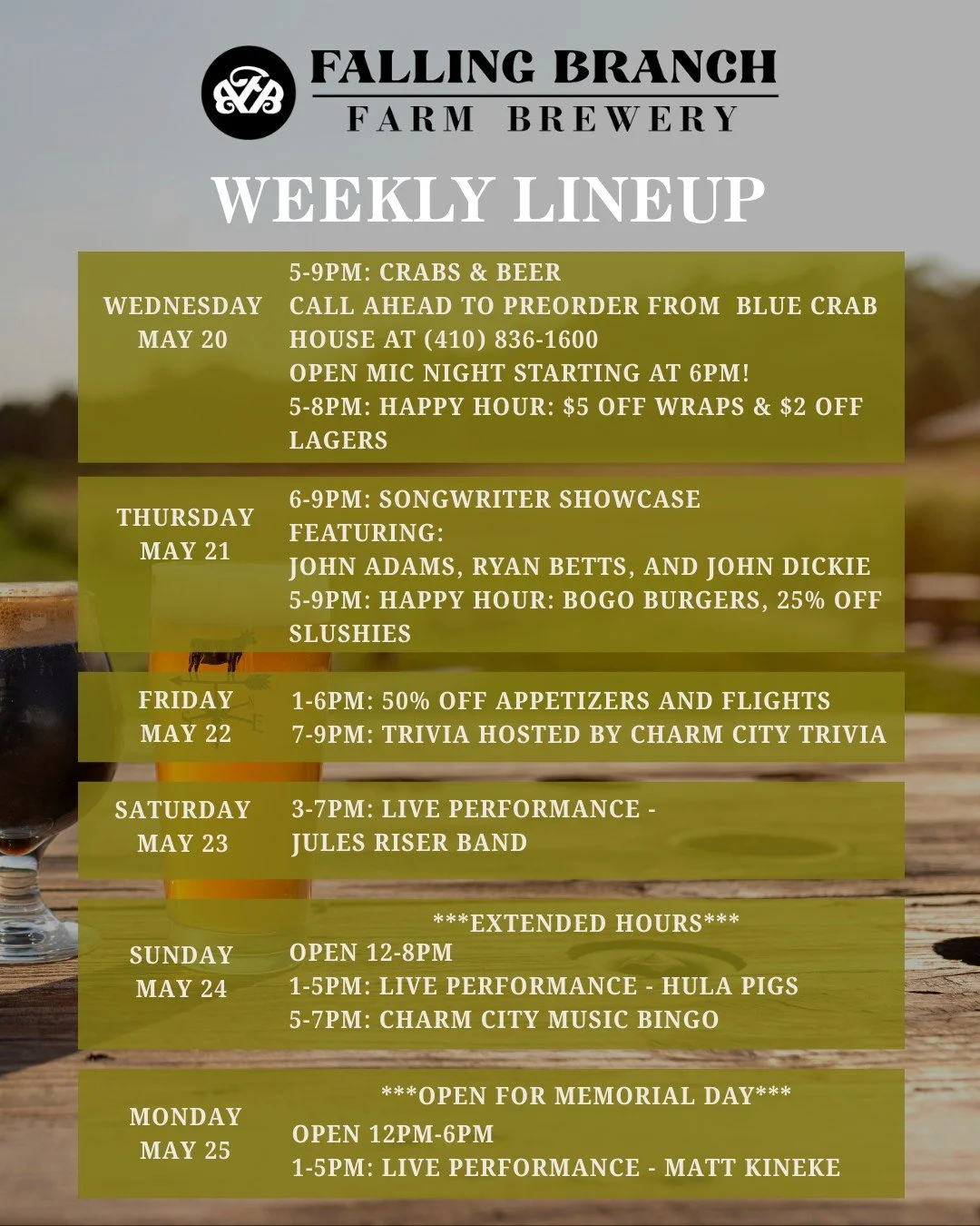 🍺 Your Memorial Day Weekend plans just got better&mdash;we&rsquo;re OPEN and pouring!

We&rsquo;ve got a full lineup of great beer, live music, and fun all week long&mdash;grab your friends and come hang with us!

🦀 Wednesday: Crabs &amp; Beer + Op