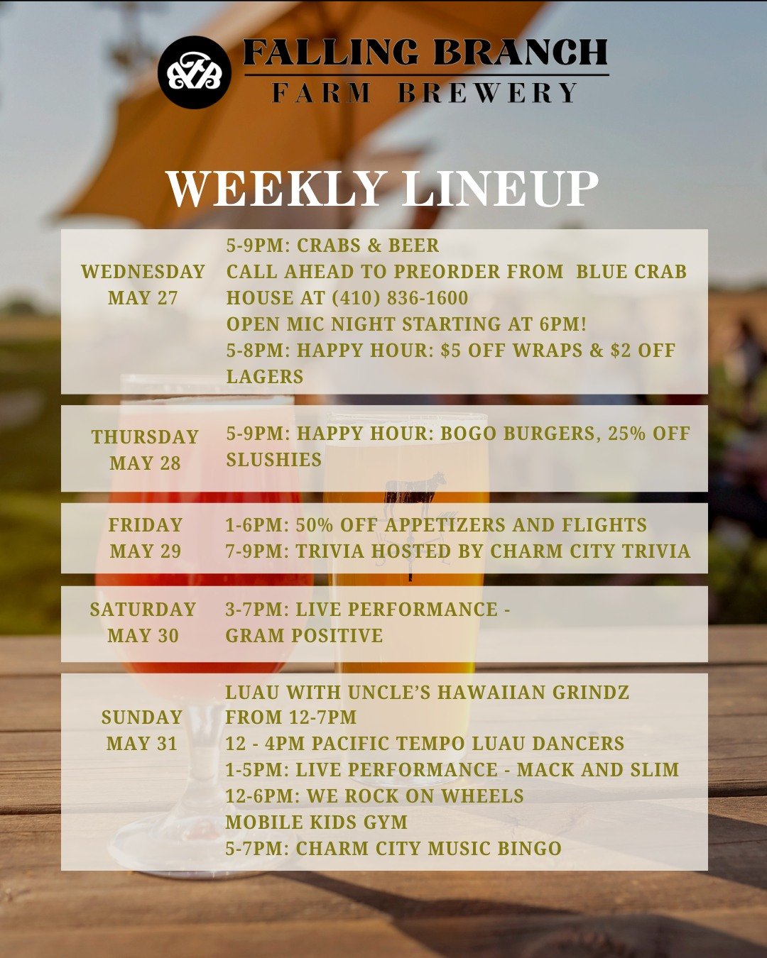 Not to be dramatic&hellip; but this is the kind of week you don&rsquo;t skip 🍻

Join us at Falling Branch Farm Brewery for:
🦀 Wednesday &ndash; Crabs &amp; Beer + Open Mic
🍔 Thursday &ndash; BOGO Burgers &amp; Happy Hour
🧠 Friday &ndash; Trivia N